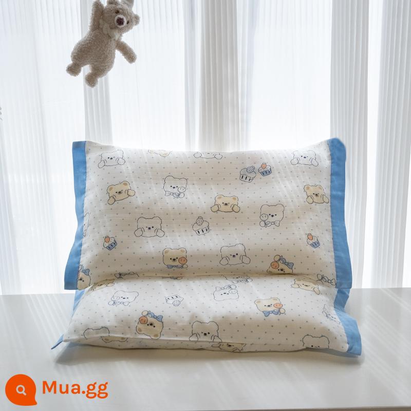 Cotton Nguyên Chất Cotton Gạc Gối Hoạt Hình Gối Khăn Cho Bé Mùa Hè Ký Túc Xá Thấm Mồ Hôi Thoáng Khí Gối Cao Su Trẻ Em - Vỏ gối màu xanh gấu Beanie màu mới