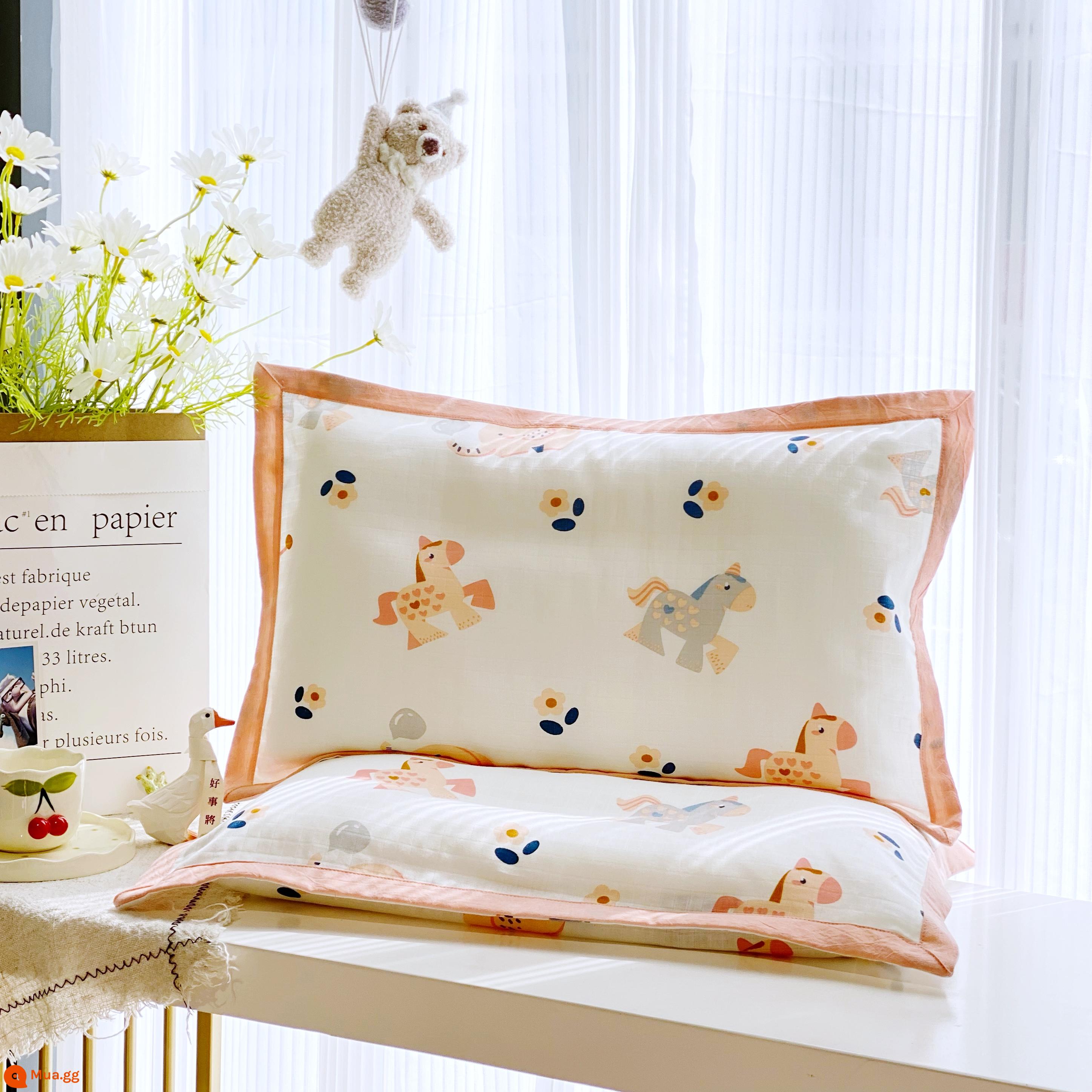 Cotton Nguyên Chất Cotton Gạc Gối Hoạt Hình Gối Khăn Cho Bé Mùa Hè Ký Túc Xá Thấm Mồ Hôi Thoáng Khí Gối Cao Su Trẻ Em - Công viên giải trí gối màu hồng