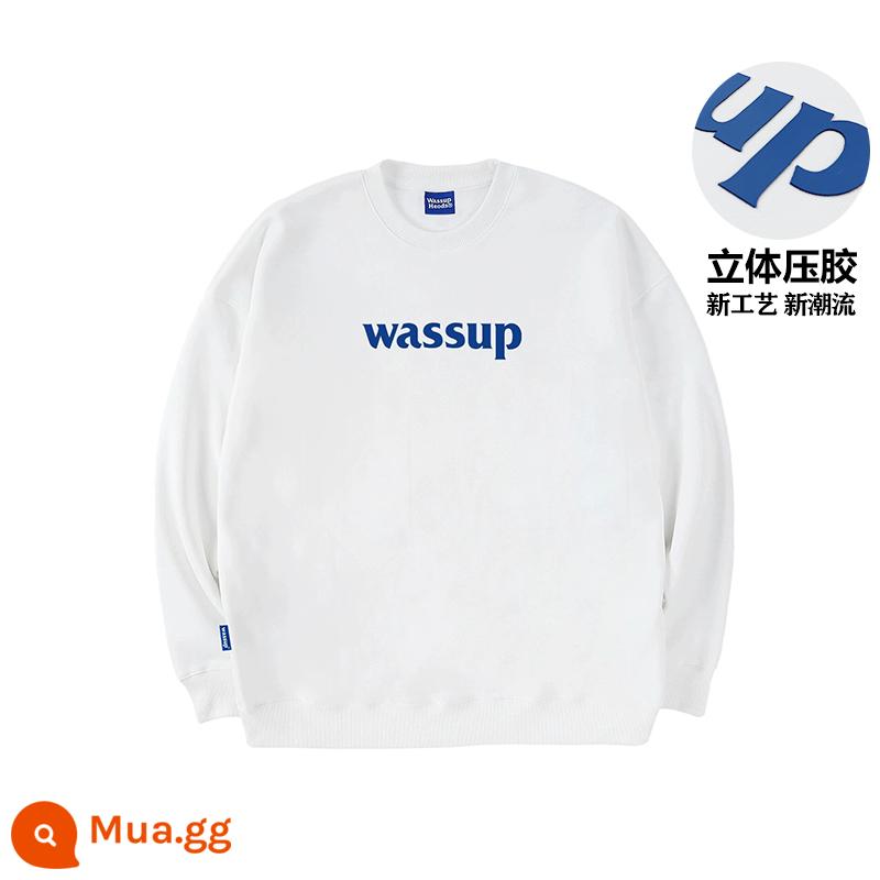 WASSUP HEODS retro hợp thời trang thương hiệu nam nữ mùa thu đông 2023 mới giản dị cặp đôi cổ tròn cotton dày T nguyên chất cotton dáng rộng - Trắng (Xuân Thu Terry Cotton) In Ba Chiều Phiên Bản Giới Hạn Xuân Thu 400g