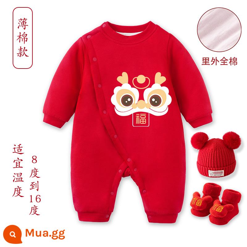 Quần áo chúc mừng năm mới cho bé sơ sinh rồng bé trăng tròn và 100 ngày tuổi váy cotton dày phù hợp với mùa xuân, mùa thu và mùa đông - [Chăn bông mùa thu đông] Fulong + mũ dệt kim + tất