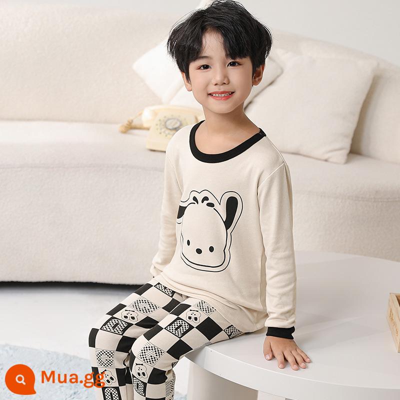 Bộ quần áo thu đông và quần vệ sinh bé trai, cotton nguyên chất, quần áo sưởi ấm đáy quần cotton nguyên chất cho trẻ em, quần áo vệ sinh bé trai, đồ ngủ khủng long - chó sữa gạo