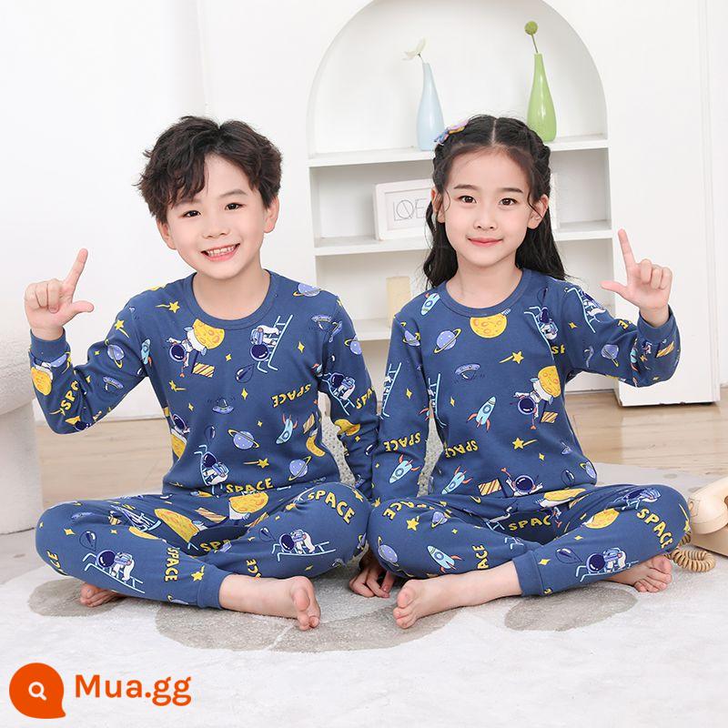 Bộ quần áo thu đông và quần vệ sinh bé trai, cotton nguyên chất, quần áo sưởi ấm đáy quần cotton nguyên chất cho trẻ em, quần áo vệ sinh bé trai, đồ ngủ khủng long - phi hành gia màu xanh đậm