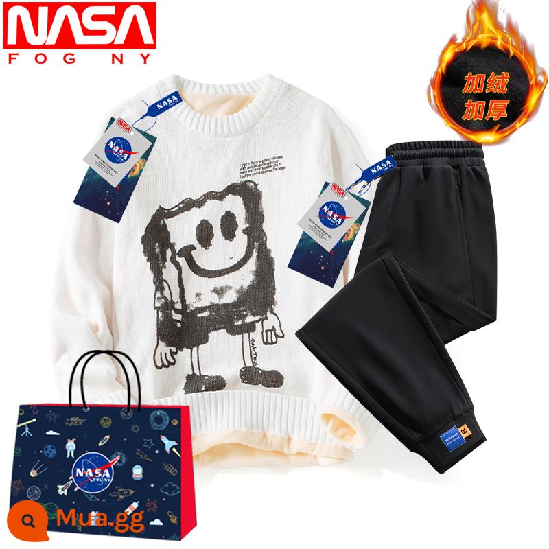 NASA Flagship Store Trang Web Chính Thức Mùa Đông Sang Trọng Dày Áo Len Nam Cổ Tròn Đáy Ấm Áo Sơ Mi Thương Hiệu Hợp Thời Trang Dệt Kim - 3025 nhung trắng + YK806 đen nhung (bộ)