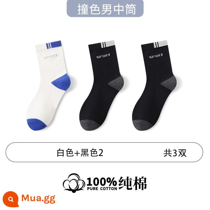 Tất Zhuji nam cotton nguyên chất khử mùi thể thao xuân thu tất dài đến giữa bắp chân nam 100% cotton - [3 đôi] trắng 1 + đen 2