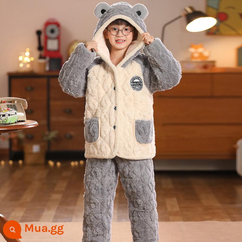 Bộ Đồ Ngủ Trẻ Em Mùa Đông Bé Gái Nỉ Mặc Mùa Đông Bé Trai Homewear 3 Lớp Đệm Dày Flannel Phù Hợp Với - Dày xám nhạt 005