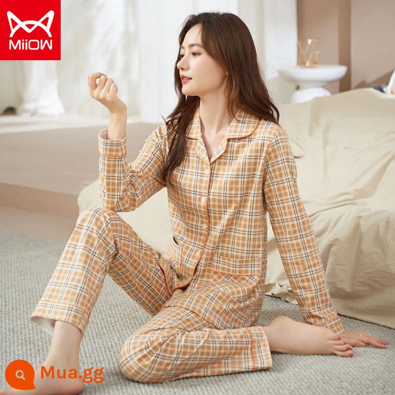 Bộ đồ ngủ mèo của phụ nữ mùa xuân và mùa thu cotton nguyên chất quần dài tay mẹ trung niên có thể mặc bên ngoài bộ đồ phục vụ tại nhà cotton cho phụ nữ - CM:9008