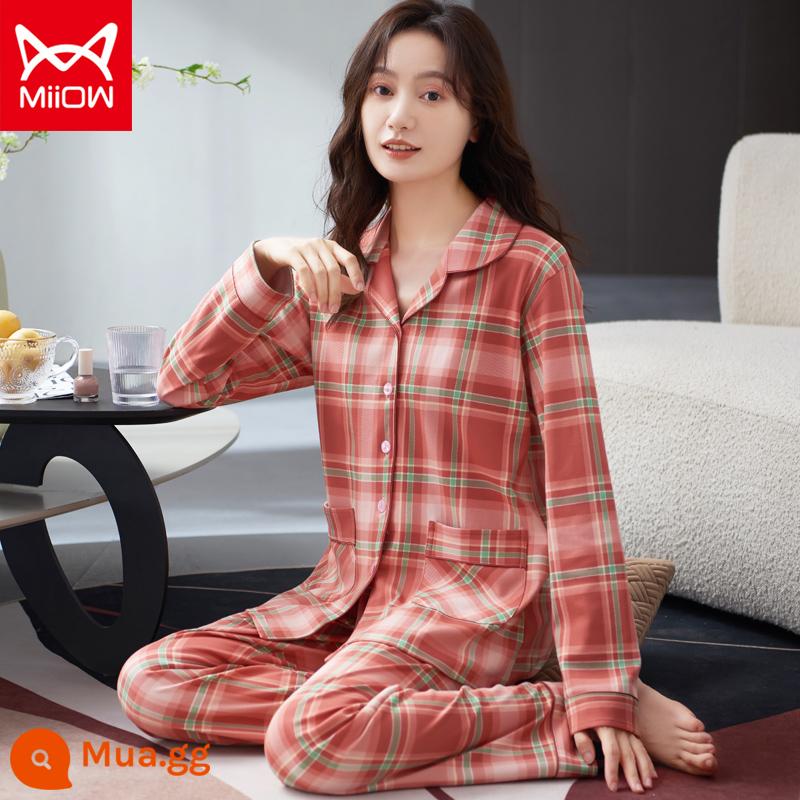 Bộ đồ ngủ mèo của phụ nữ mùa xuân và mùa thu cotton nguyên chất quần dài tay mẹ trung niên có thể mặc bên ngoài bộ đồ phục vụ tại nhà cotton cho phụ nữ - CM:8539