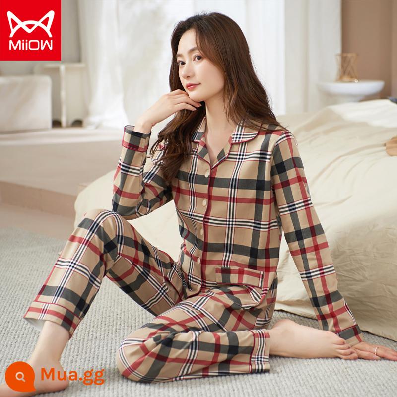 Bộ đồ ngủ mèo của phụ nữ mùa xuân và mùa thu cotton nguyên chất quần dài tay mẹ trung niên có thể mặc bên ngoài bộ đồ phục vụ tại nhà cotton cho phụ nữ - CM:9007