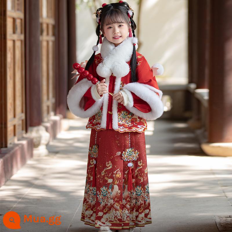 Bé Gái Hanfu 2024 Mới Mùa Đông Dày Nhung Phong Cách Trung Hoa Cổ Trang Phục Trẻ Em Đường Phù Hợp Với Mặt Ngựa Váy Năm Mới quần Áo - Kỳ lân - áo khoác đỏ - cổ chéo + váy mặt ngựa + khăn quàng cổ không có mặt dây chuyền