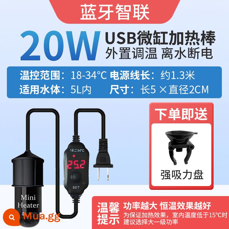 Thanh sưởi bể cá tự động nhiệt độ không đổi mini micro usb ngón tay cái ấm hơn con công cá chiến bể nhỏ nhiệt kế - 20w [Bluetooth Smart Connect] Kiểm soát nhiệt độ bên ngoài, mất nước, mất điện