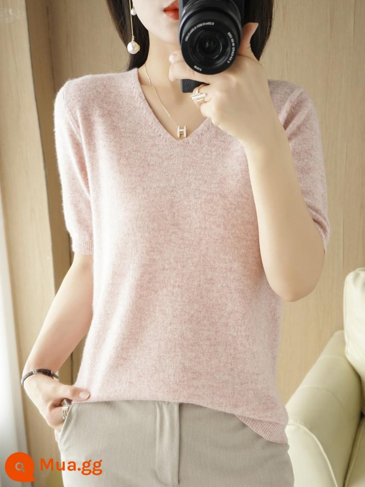 Áo len cardigan ngắn tay mùa xuân và mùa thu mùa hè cổ chữ V nửa tay mùa hè của phụ nữ Áo len cashmere mỏng Áo len đáy mỏng - Hồng Sakura [Cổ chữ V]