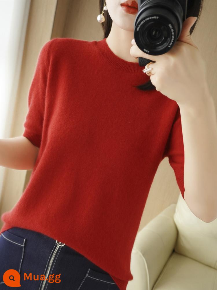 Áo len cardigan ngắn tay mùa xuân và mùa thu mùa hè cổ chữ V nửa tay mùa hè của phụ nữ Áo len cashmere mỏng Áo len đáy mỏng - Big Cherry Red [Cổ tròn]