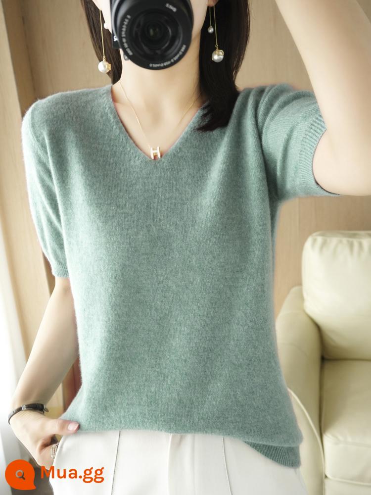 Áo len cardigan ngắn tay mùa xuân và mùa thu mùa hè cổ chữ V nửa tay mùa hè của phụ nữ Áo len cashmere mỏng Áo len đáy mỏng - Xanh cỏ [cổ chữ V]