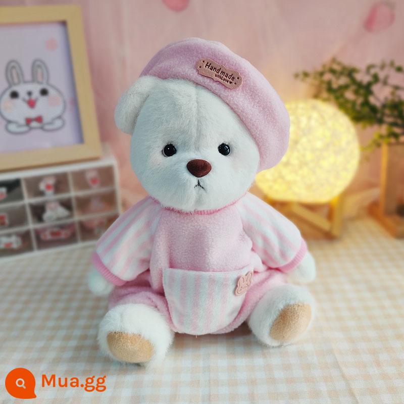 Chính hãng gấu Irina handmade quần áo búp bê teddybear Macron Gấu Lina chính hãng đồ chơi sang trọng - Bộ đồ Bailey sọc hồng (quần áo + gấu trắng sữa + hộp quà sang trọng)