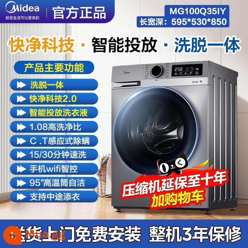 Máy giặt tích hợp giặt sấy Midea 10kg lồng giặt tự động hộ gia đình công suất lớn chuyển đổi tần số hàng đầu chính hãng - bạc ba