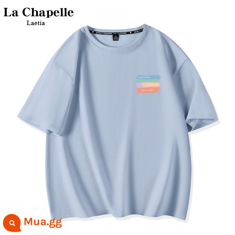 Áo thun trắng ngắn tay sọc màu La Chapelle nữ 2023 cotton mùa hè mới trễ vai cặp đôi hàng đầu X - Hồ Xanh Cuộc Sống Sắc Màu_K