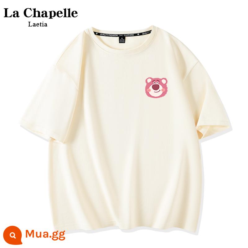 Áo thun trắng ngắn tay sọc màu La Chapelle nữ 2023 cotton mùa hè mới trễ vai cặp đôi hàng đầu X - Gấu mềm màu be_K