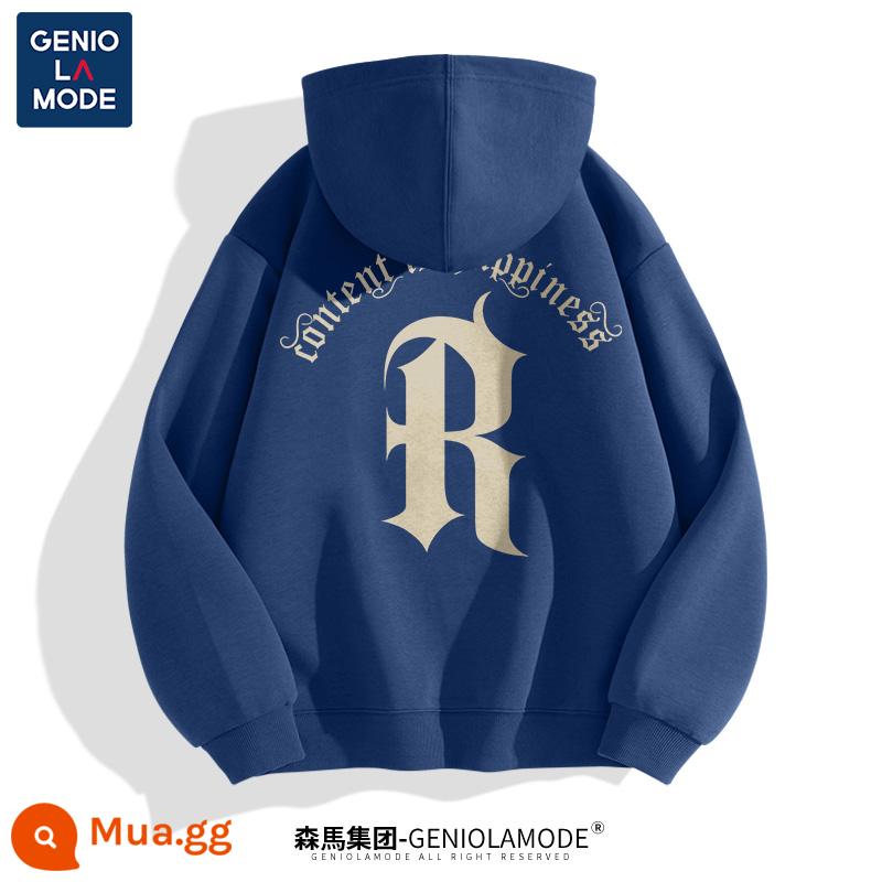 Semir Group GENIOLAMODE gốc Mỹ có mũ trùm đầu áo khoác nam dày dặn màu xám mùa thu đông - Màu xanh lam (phông chữ cổ điển thắng giá thầu_nhãn mặt sau phông chữ cổ điển lớn)