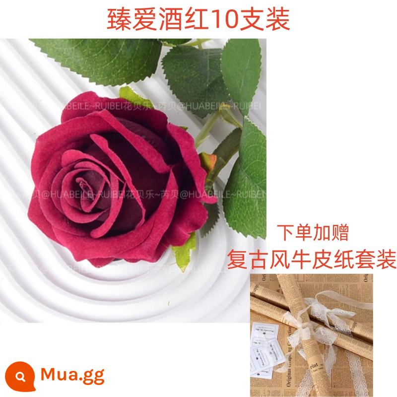 Mô Phỏng Hoa Hồng Trang Trí Lễ Tình Nhân Tặng Nhung Nhân Tạo Hoa Giả Hoa Phòng Khách Trang Trí Hoa Handmade Nghệ Thuật - Zhenai Wine Red 10 miếng [gói miễn phí với giấy kraft hoa + ren + nhãn dán]