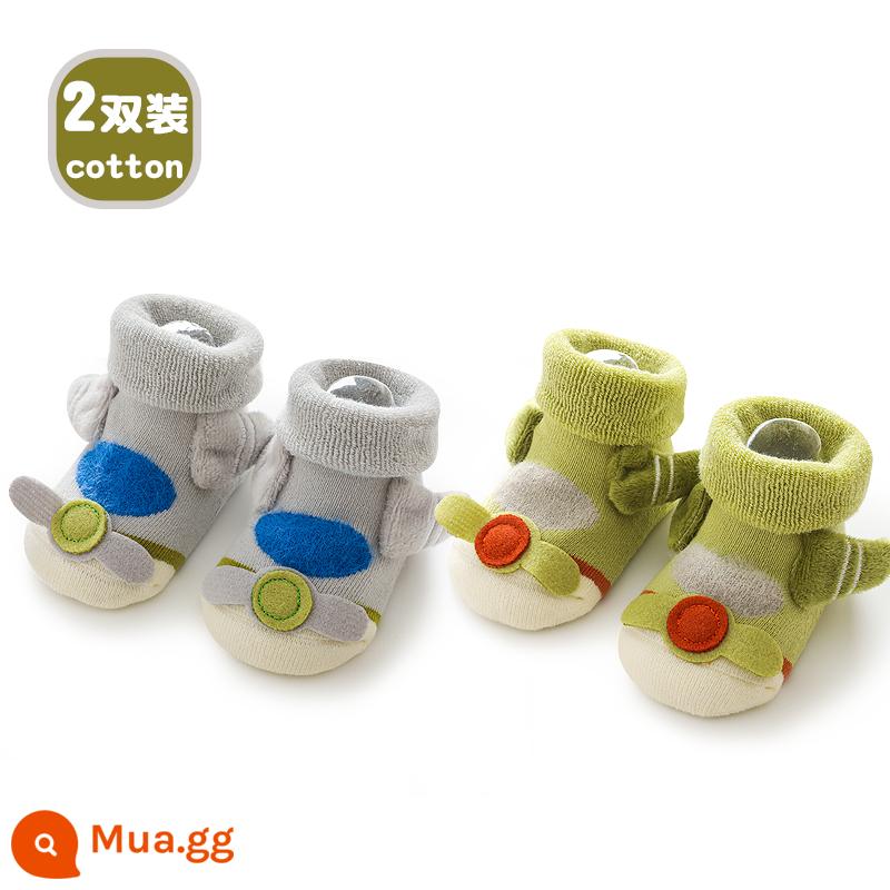 Vớ trẻ em mùa xuân và mùa thu mùa đông vớ sàn cotton cho bé trẻ em phần mỏng bé trai và bé gái cho bé tập đi dày chống trượt giữa vớ ống - Màu xám máy bay + Màu xanh máy bay