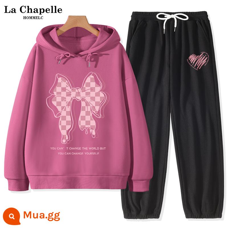 La Chapelle Plus nhung bộ đồ thể thao nữ mùa thu đông 2022 mới học sinh cấp 2 thường cỡ lớn chạy bộ 2 bộ - Đỏ tím (nơ lớn hồng) + quần đen (logo quần trái tim duy nhất)