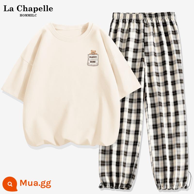 Bộ đồ thể thao La Chapelle nữ mùa hè 2023 tân sinh viên cotton mùa hè quần kẻ sọc ngắn tay bộ đồ hai mảnh X - Màu trắng kem (logo túi gấu) + quần trắng đen (trống)