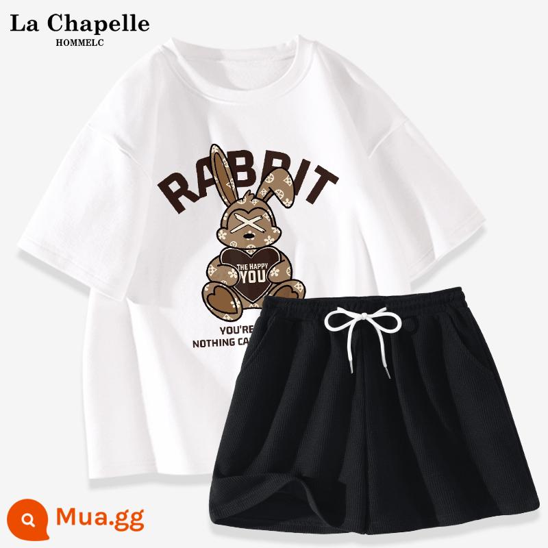 La Chapelle Bộ Đồ Thể Thao Nữ Mặc Mùa Hè 2023 Áo Thun Cotton Mùa Hè Mới Quần Short Nữ Tay Ngắn 2 Bộ - Trắng (Thỏ xám cà phê) + Quần đen (Trống)