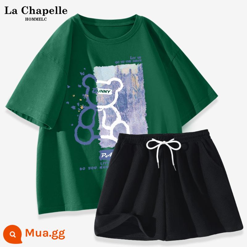 La Chapelle Bộ Đồ Thể Thao Nữ Mặc Mùa Hè 2023 Áo Thun Cotton Mùa Hè Mới Quần Short Nữ Tay Ngắn 2 Bộ - Xanh đậm (gấu xanh) + quần đen (trống)