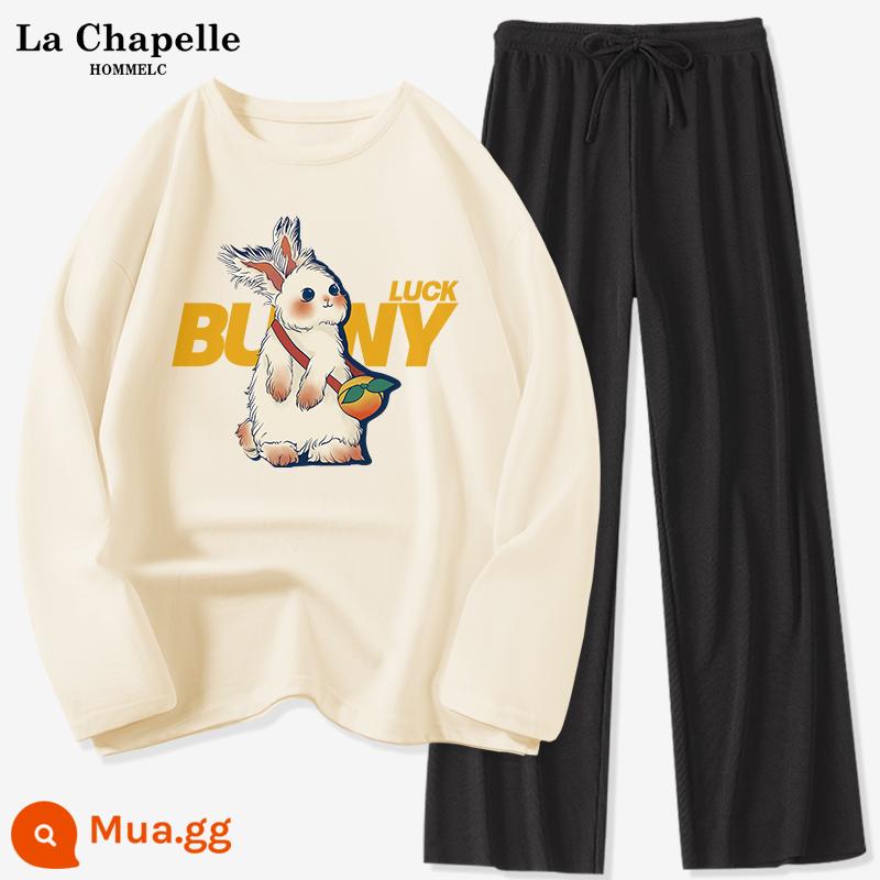 Bộ đồ thể thao La Chapelle nữ mùa hè 2023 tân sinh viên cotton mùa hè quần kẻ sọc ngắn tay bộ đồ hai mảnh X - Màu trắng sữa (tiêu đề nhỏ xinh) + quần đen (trống)