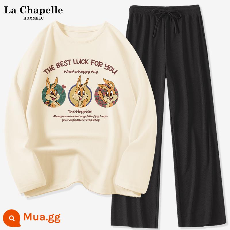 Bộ đồ thể thao La Chapelle nữ mùa hè 2023 tân sinh viên cotton mùa hè quần kẻ sọc ngắn tay bộ đồ hai mảnh X - Màu trắng sữa (Anh Thỏ biết) + quần đen (trống)