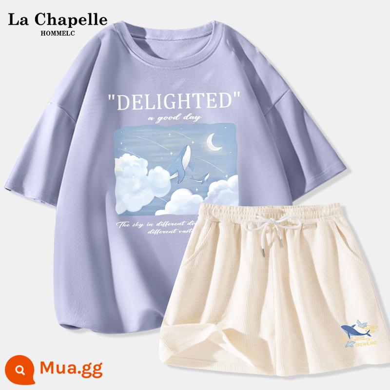 La Chapelle mùa hè bộ đồ thể thao phù hợp với nữ 2023 mùa hè mới học sinh cấp hai quần short thường ngày hai mảnh J - Xanh nhạt (mây và cá voi biển) + quần trắng sữa (quần núi và cá voi biển chỉ số phía trước bên trái)