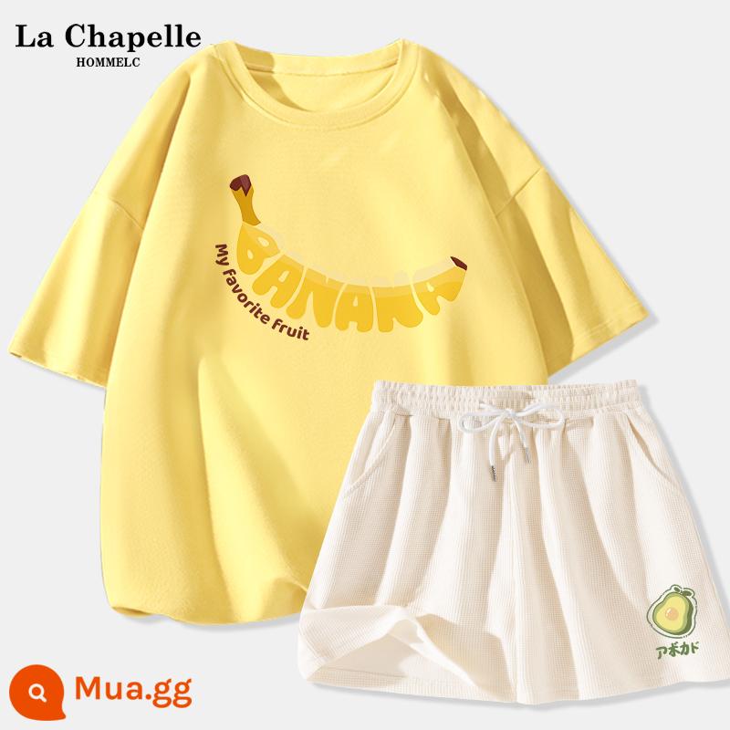 La Chapelle mùa hè bộ đồ thể thao phù hợp với nữ 2023 mùa hè mới học sinh cấp hai quần short thường ngày hai mảnh J - Màu vàng ngỗng (yêu chuối) + quần trắng sữa (chỉ số phía trước bên trái của quần trái cây)