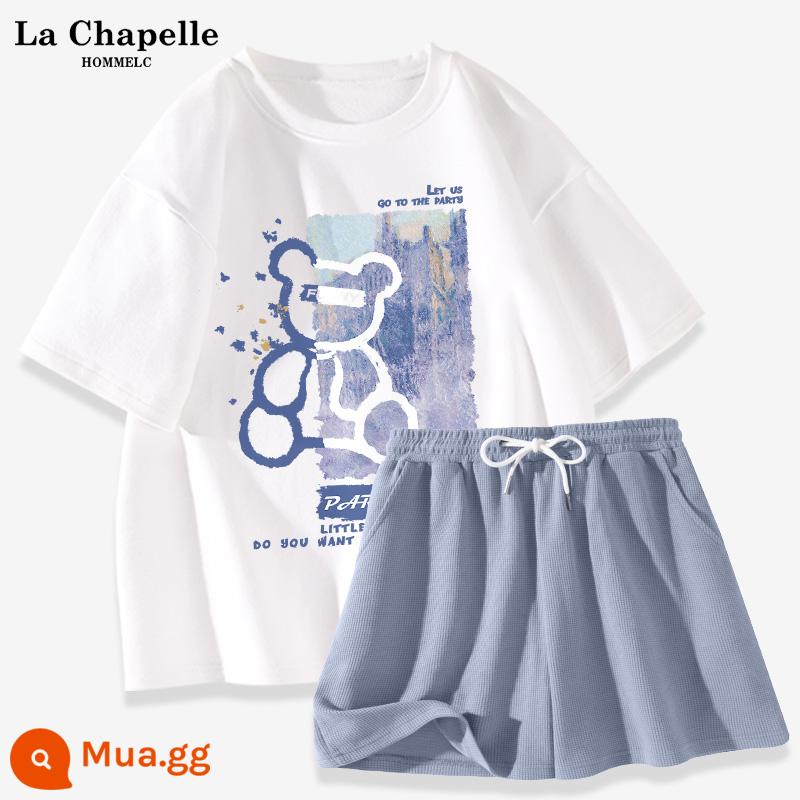 La Chapelle Bộ Đồ Thể Thao Nữ Mặc Mùa Hè 2023 Áo Thun Cotton Mùa Hè Mới Quần Short Nữ Tay Ngắn 2 Bộ - Trắng (gấu xanh) + quần xanh (trống)