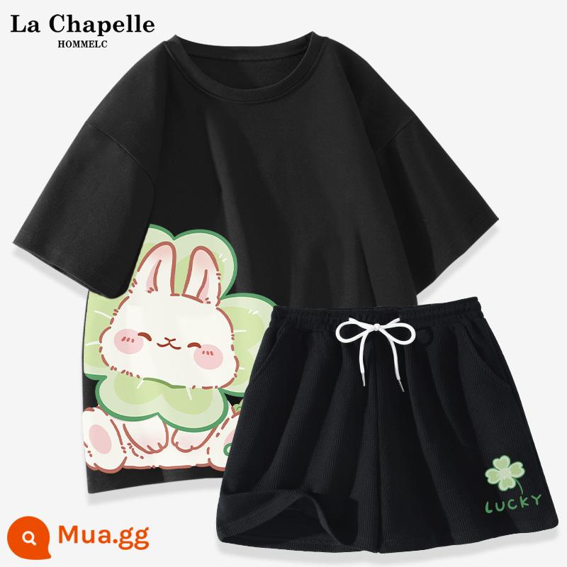 La Chapelle giản dị bộ đồ thể thao nữ mùa hè 2023 mới học sinh cấp 2 cotton quần đùi ngắn tay 2 bộ X - Đen (Chỉ số bên phải của Thỏ cỏ bốn lá) + Quần đen (Chỉ số bên phải của Thỏ cỏ bốn lá)