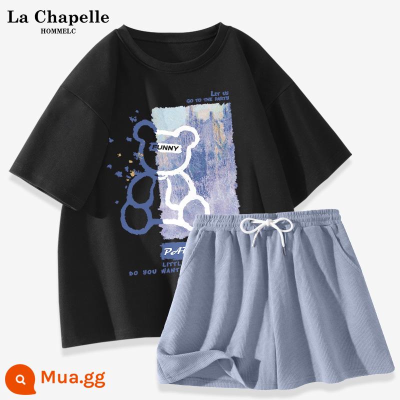 La Chapelle Bộ Đồ Thể Thao Nữ Mặc Mùa Hè 2023 Áo Thun Cotton Mùa Hè Mới Quần Short Nữ Tay Ngắn 2 Bộ - Đen (gấu xanh) + quần xanh (trống)