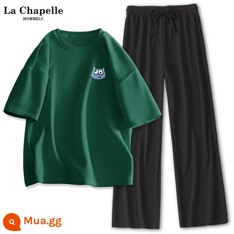 Bộ đồ thể thao La Chapelle nữ 2023 mùa hè mới cotton nữ tay ngắn lụa băng quần ống rộng 2 bộ J - Xanh đậm (logo ngực xấu) + quần đen (trống)