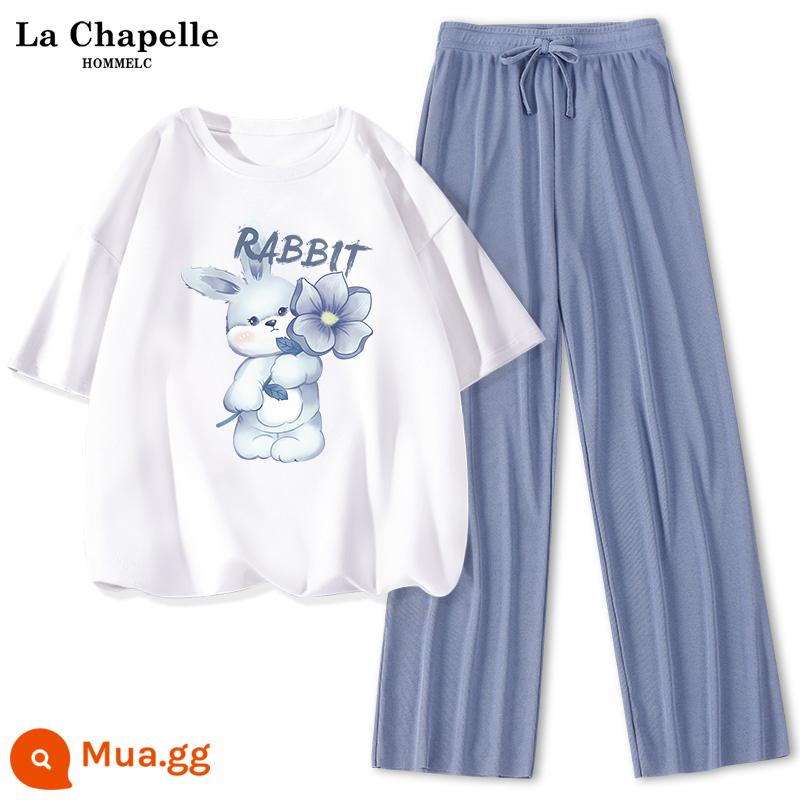 La Chapelle sinh viên giản dị bộ đồ thể thao nữ mùa hè 2023 mới mùa hè băng lụa quần ống rộng 2 bộ J - Trắng (thỏ hoa) + quần xanh (trống)