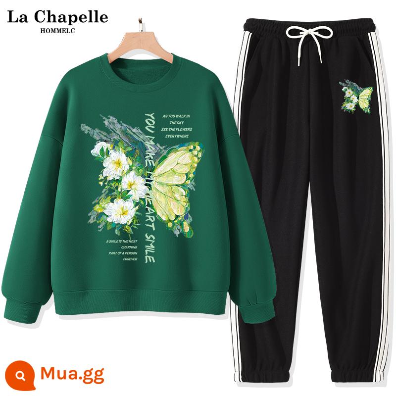 Bộ đồ thể thao nữ La Chapelle mùa xuân và mùa thu 2022 mới mùa thu cỡ lớn quần dài nữ 2 món - [Phong cách xuân thu] Màu xanh đậm (tranh sơn dầu lớn màu xanh lá cây con bướm) + quần đen (nhãn quần áo màu xanh lá cây tranh sơn dầu)