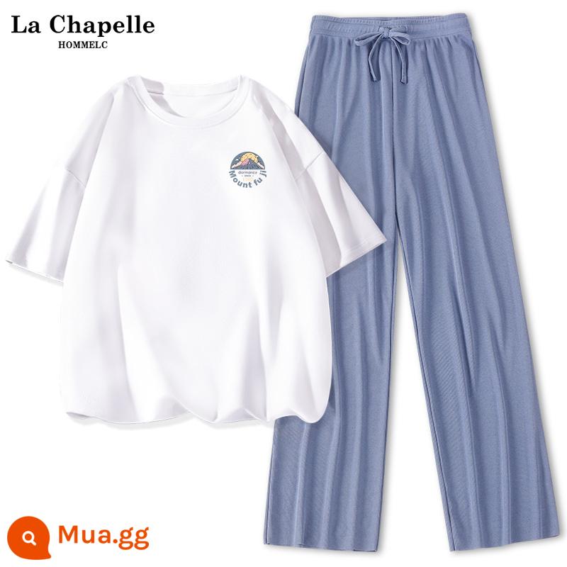 La Chapelle sinh viên giản dị bộ đồ thể thao nữ mùa hè 2023 mới mùa hè băng lụa quần ống rộng 2 bộ J - Trắng (Logo ngực dành cho du lịch) + Quần xanh (Trống)