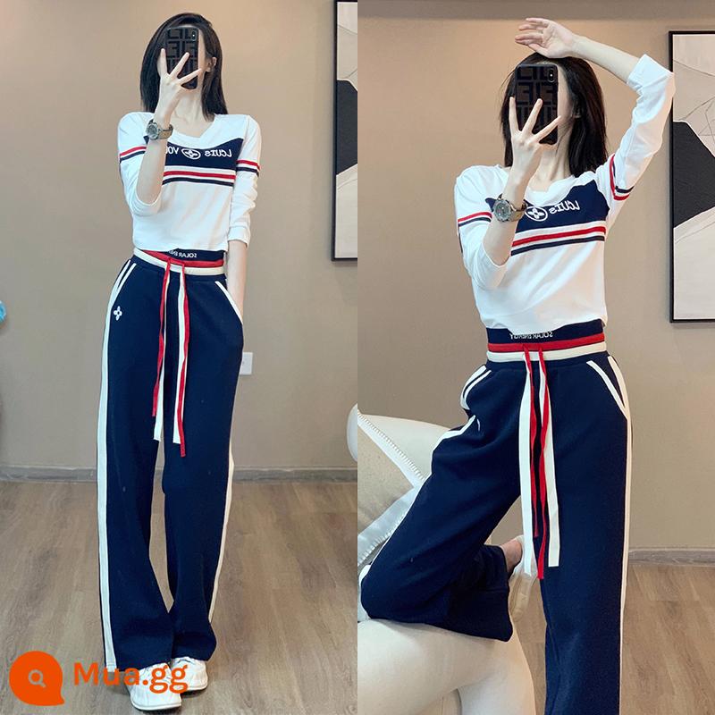 SETIM MỚI và Mùa đông Set New Semi -High -Kecked Zipper Fashion Plus Velvet Sweater Cao -end Wide -leg Pants hai bộ - Bộ vest quần trắng + xanh 9779