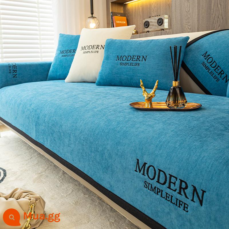 Bắc Âu Ghế Sofa Đệm Bốn Mùa Đa Năng Chống Trơn Trượt Đơn Giản Hiện Đại Viền Da Đệm Tay Tựa Lưng Khăn Bọc Vải - Nellie - xanh biển và bầu trời