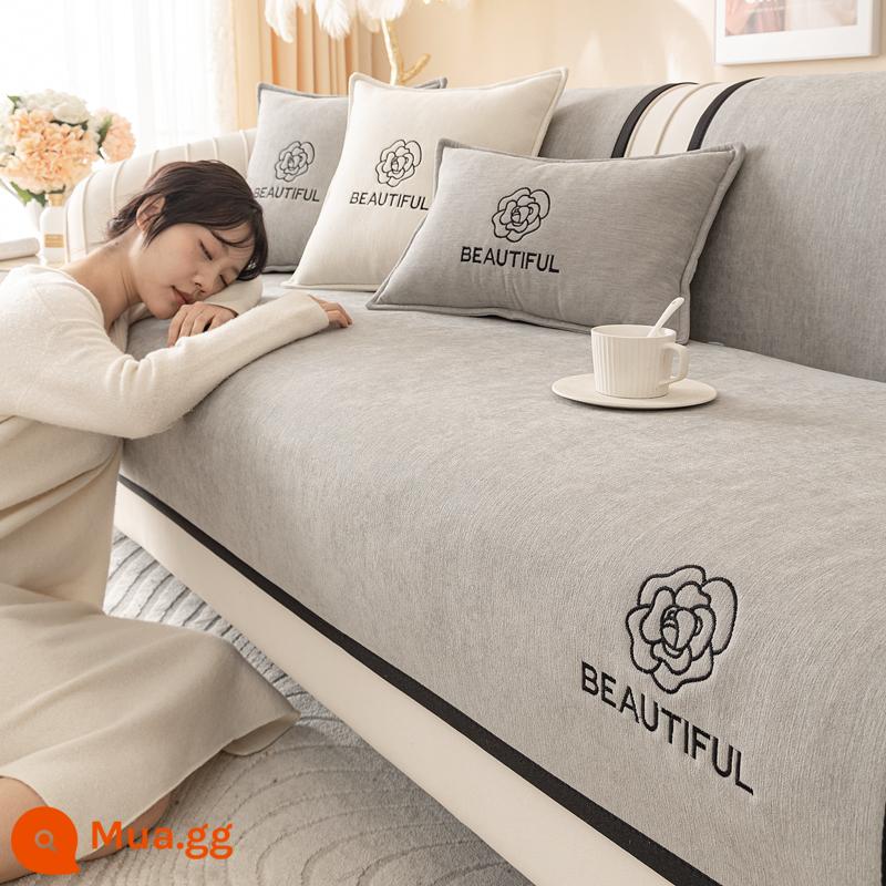 Bắc Âu Ghế Sofa Đệm Bốn Mùa Đa Năng Chống Trơn Trượt Đơn Giản Hiện Đại Viền Da Đệm Tay Tựa Lưng Khăn Bọc Vải - Camellia-Rock Grey mới