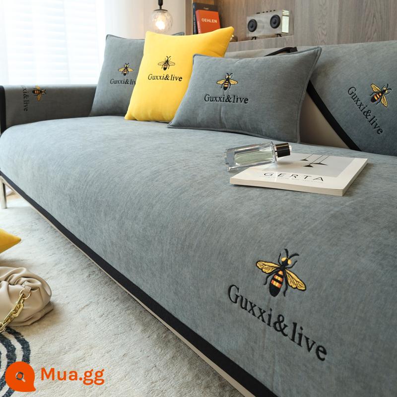 Bắc Âu Ghế Sofa Đệm Bốn Mùa Đa Năng Chống Trơn Trượt Đơn Giản Hiện Đại Viền Da Đệm Tay Tựa Lưng Khăn Bọc Vải - Bee-Màu xám cao cấp