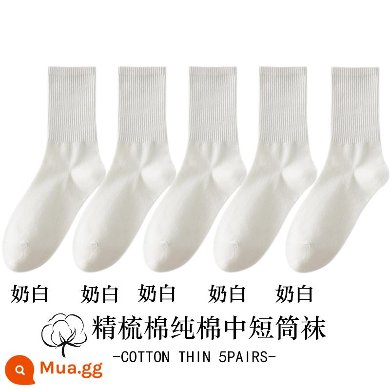 Vớ trắng nữ ống giữa mùa thu đông cotton nguyên chất khâu không xương hút mồ hôi khử mùi ống ngắn màu đen vớ nữ - [Phiên bản dài] 5 màu trắng sữa