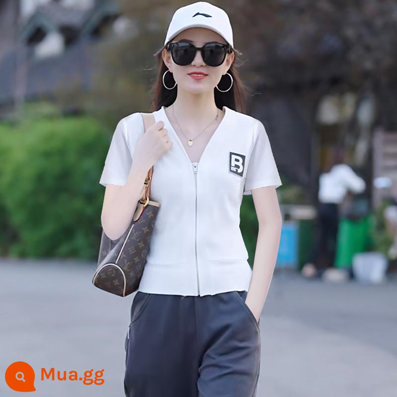 Bộ đồ thể thao bình thường dài tay cotton dày cho nữ T2023 mùa xuân mới Áo thun phong cách nước ngoài quần ống rộng thời trang Bộ hai món - Tay áo ngắn màu trắng