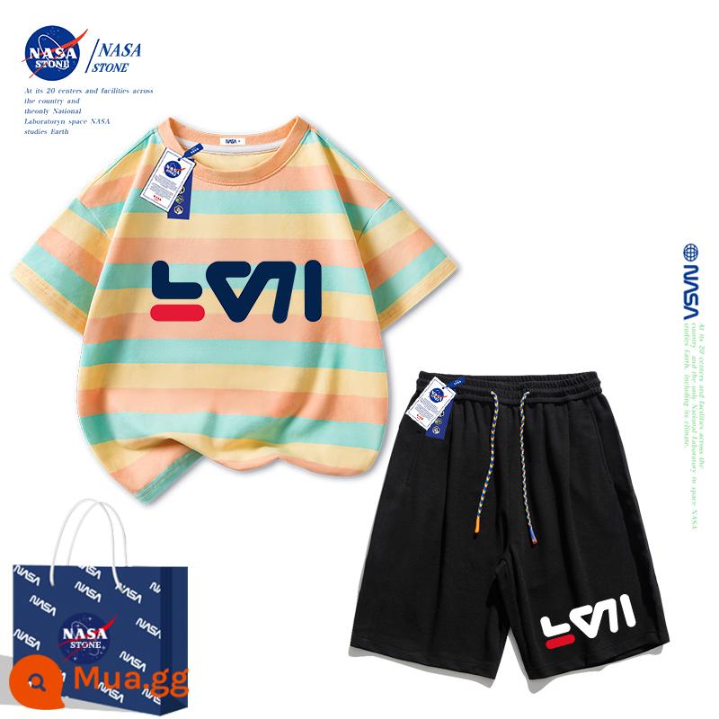 Bộ quần áo mùa hè cho bé trai của NASA áo thun cotton nguyên chất 2023 thương hiệu mới hợp thời trang mùa hè dành cho nữ quần áo thể thao cho bé trai lớn - Sọc vàng xanh + quần đen