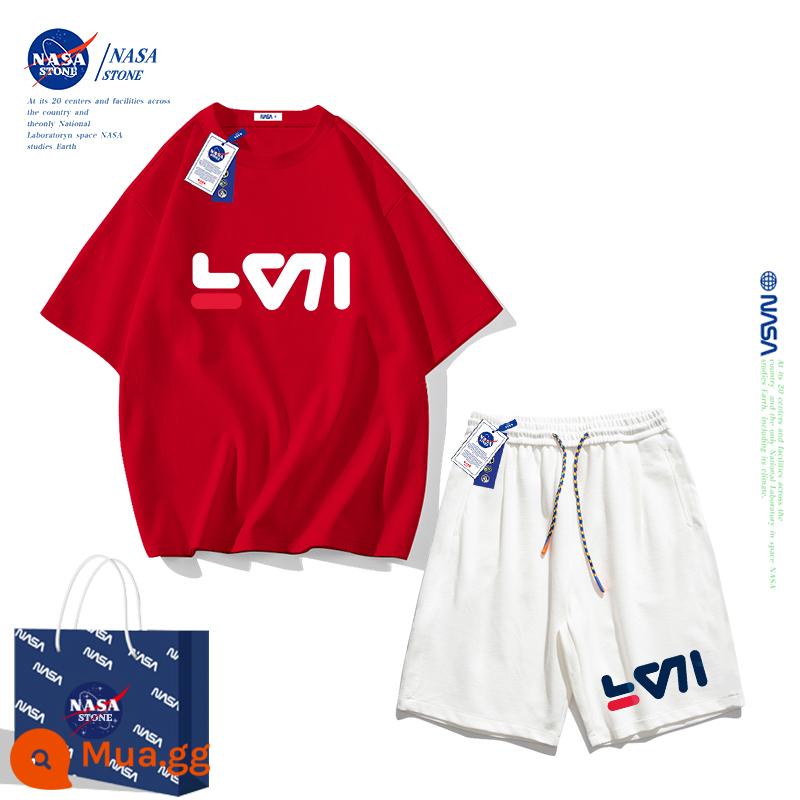 Bộ quần áo mùa hè cho bé trai của NASA áo thun cotton nguyên chất 2023 thương hiệu mới hợp thời trang mùa hè dành cho nữ quần áo thể thao cho bé trai lớn - Quần đỏ + trắng