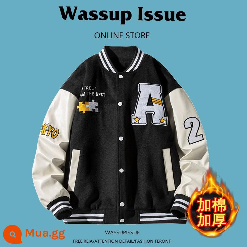 WASSUP ISSUE Đồng phục bóng chày Mỹ áo khoác dày nam cặp đôi hợp thời trang thương hiệu áo khoác bomber mùa đông - Đen [cotton dày] 22120