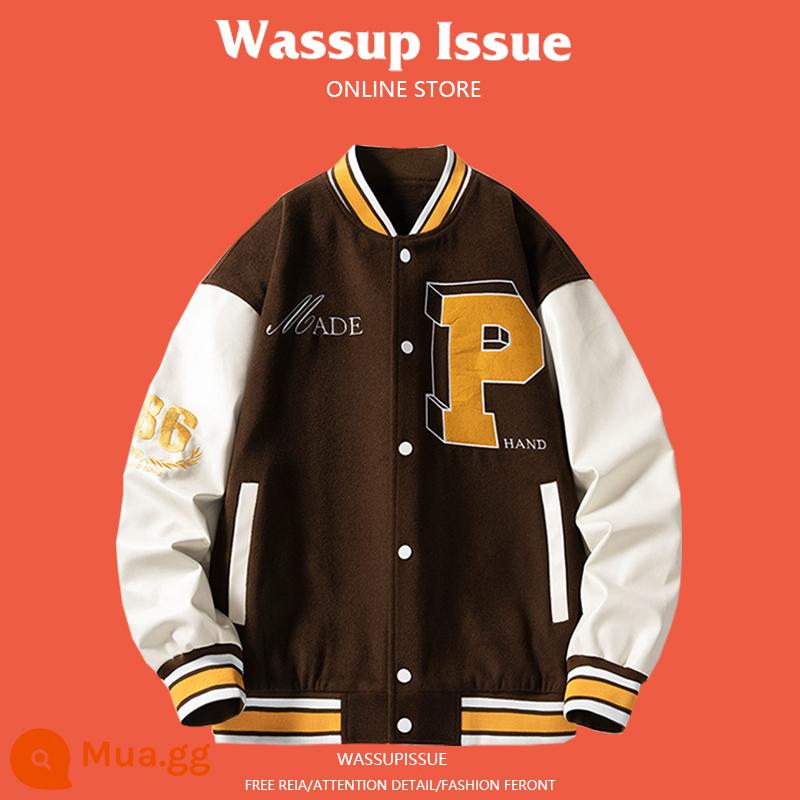 WASSUP ISSUE Đồng phục bóng chày Mỹ áo khoác dày nam cặp đôi hợp thời trang thương hiệu áo khoác bomber mùa đông - Nâu 22115