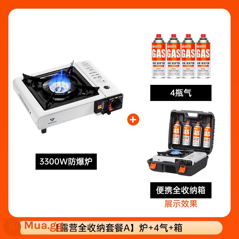 Qing loạt cassette bếp ngoài trời bình gas di động đầy đủ bộ nồi nóng cassette bếp gas ngoài trời dụng cụ nấu ăn than bếp gas - [Gói cắm trại đầy đủ đồ A] Bếp + 4 Gas + Hộp